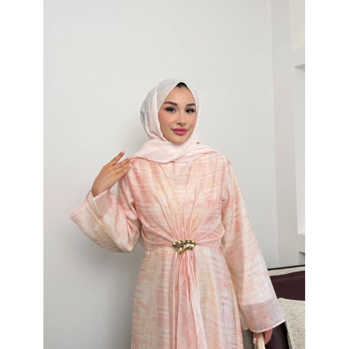 Amelia  Model Kemerli Bilek Büzgü Desen Detaylı Kadın Elbise