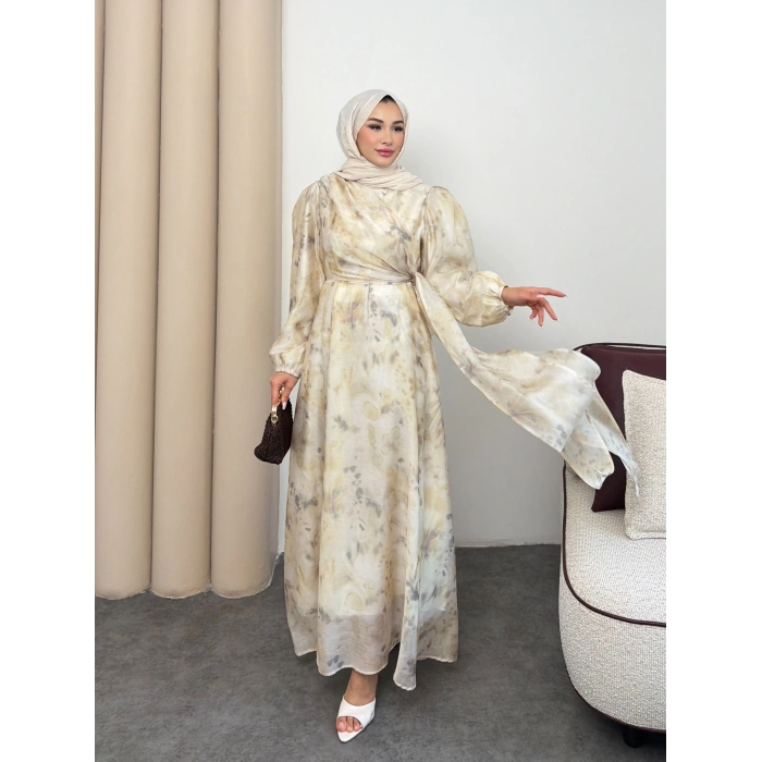Clara Model Kemerli Bilek Büzgü Desen Detaylı Kadın Elbise