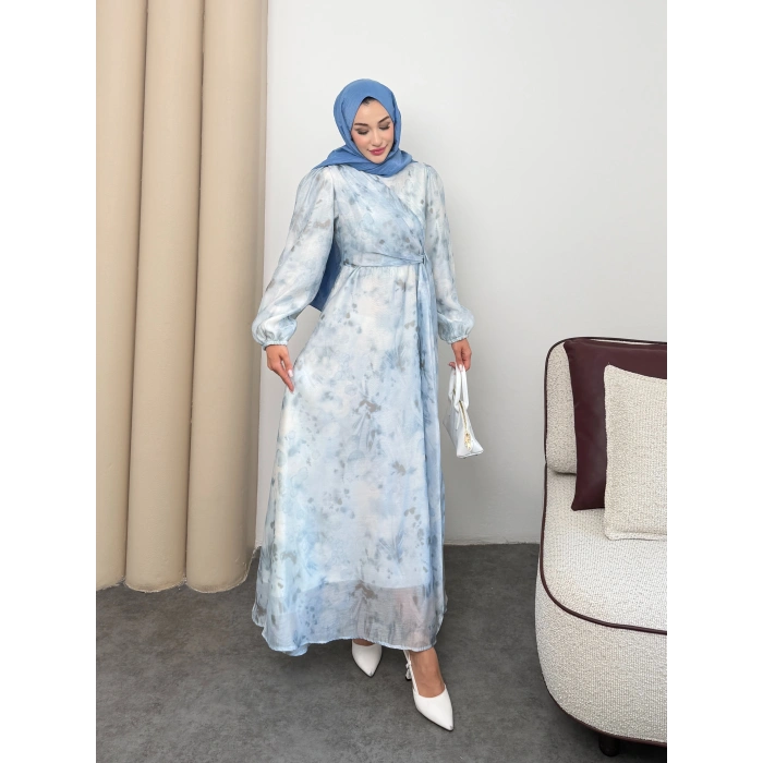 Clara Model Kemerli Bilek Büzgü Desen Detaylı Kadın Elbise