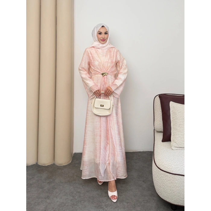 Amelia  Model Kemerli Bilek Büzgü Desen Detaylı Kadın Elbise