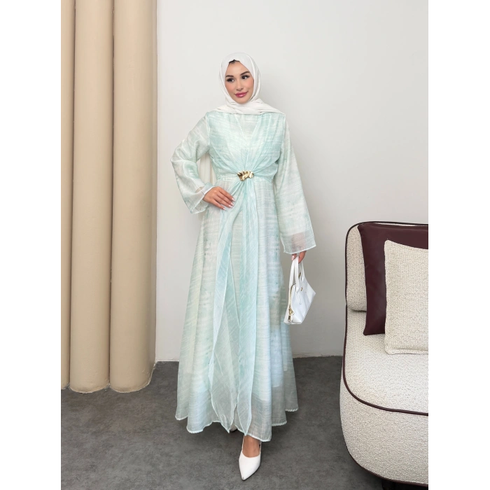 Amelia  Model Kemerli Bilek Büzgü Desen Detaylı Kadın Elbise