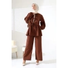 Kadın 100% Pamuk Modal Kahverengi Gömlek Pantolon Tesettür Takım