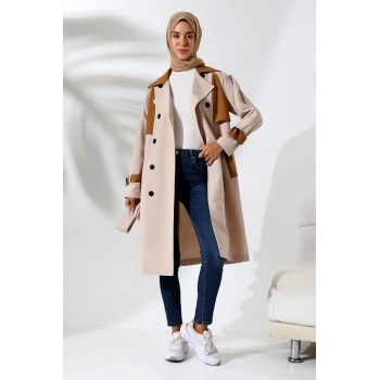 Kadın Mevsimlik Su Geçirmez Regular Fit Kruvaze Yaka Bondit Kumaş Trençkot