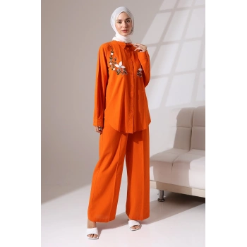 100% Pamuk Keten Günlük ve Rahat Çiçek Desen Nakışlı Taşlı Gömlek Pantolon Yazlık Alt Üst Takım