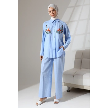 100% Pamuk Keten Günlük ve Rahat Çiçek Desen Nakışlı Taşlı Gömlek Pantolon Yazlık Alt Üst Takım