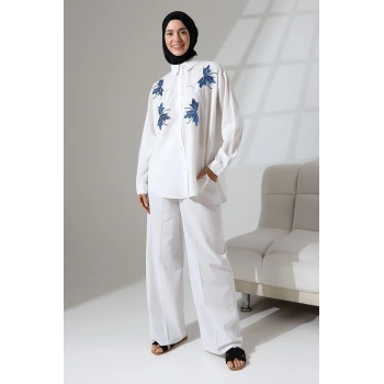 100% Pamuk Keten Günlük ve Rahat Çiçek Desen Nakışlı Pullu Gömlek Pantolon Yazlık Alt Üst  Takım