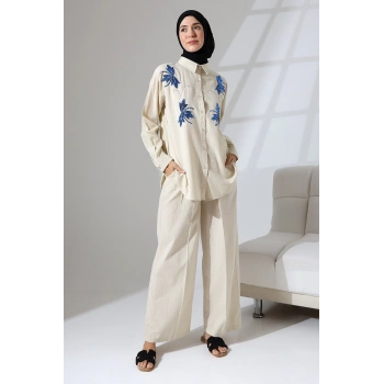 100% Pamuk Keten Günlük ve Rahat Çiçek Desen Nakışlı Pullu Gömlek Pantolon Yazlık Alt Üst  Takım