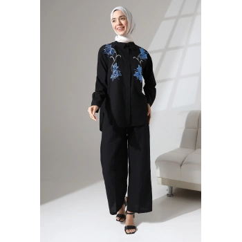 100% Pamuk Keten Günlük ve Rahat Çiçek Desen Nakışlı Pullu Gömlek Pantolon Yazlık Alt Üst  Takım