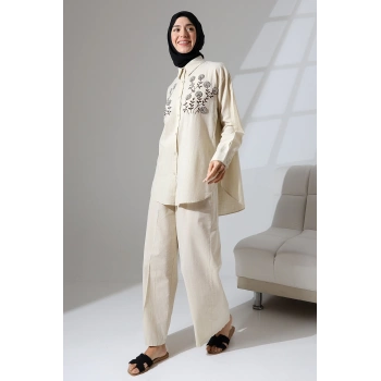 100% Pamuk Keten Günlük ve Rahat Çiçek Desen Nakışlı Taşlı Gömlek Pantolon Yazlık Alt Üst Takım