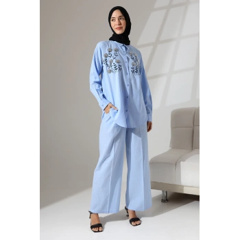 100% Pamuk Keten Günlük ve Rahat Çiçek Desen Nakışlı Taşlı Gömlek Pantolon Yazlık Alt Üst Takım