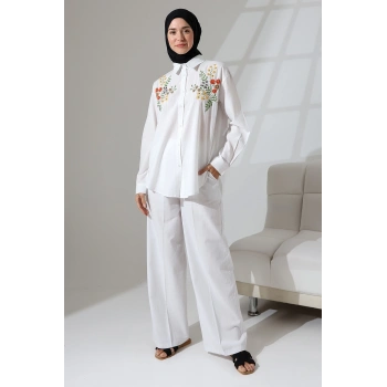 100% Pamuk Keten Günlük ve Rahat Çiçek Desen Nakışlı Taşlı Gömlek Pantolon Yazlık Alt Üst Takım