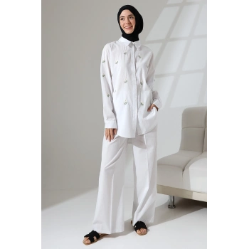 100% Pamuk Keten Günlük ve Rahat Çiçek Desen Nakışlı Gömlek Pantolon Yazlık Alt Üst Takım