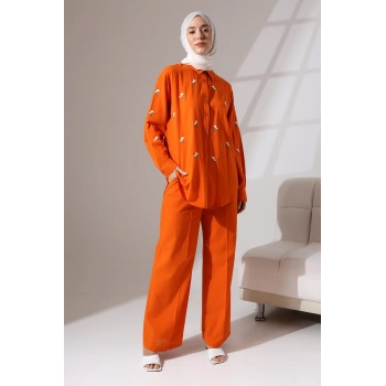 100% Pamuk Keten Günlük ve Rahat Çiçek Desen Nakışlı Gömlek Pantolon Yazlık Alt Üst Takım