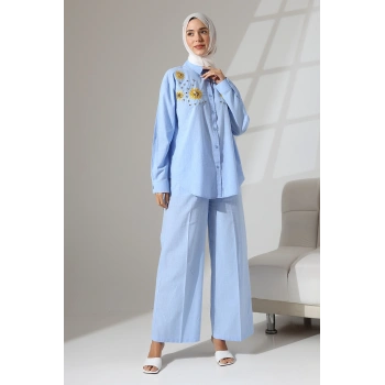 100% Pamuk Keten Günlük ve Rahat Çiçek Desen Nakışlı Taşlı Gömlek Pantolon Yazlık Alt Üst Takım