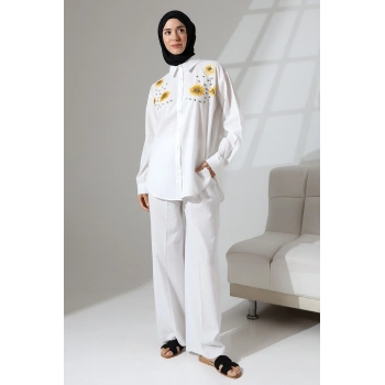 100% Pamuk Keten Günlük ve Rahat Çiçek Desen Nakışlı Taşlı Gömlek Pantolon Yazlık Alt Üst Takım