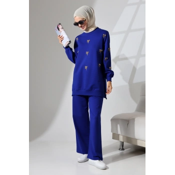 Kadın Saks Mavisi Mevsimlik Penye Alt Üst Spor ve Rahat Tesettür Takım