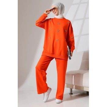 Kadın Turuncu Mevsimlik Penye Alt Üst Spor ve Rahat Tesettür Takım