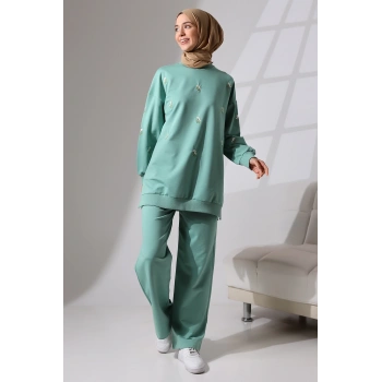 Kadın Mint Yeşili Mevsimlik Penye Alt Üst Spor Ve Rahat Ikili Tunik Pantolon Şık Tesettür Takım