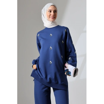 Kadın Lacivert Mevsimlik Penye Alt Üst Spor Ve Rahat Ikili Tunik Pantolon Şık Tesettür Takım