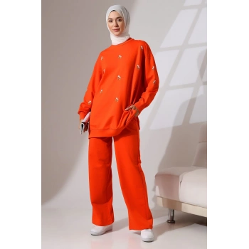 Kadın Turuncu Mevsimlik Penye Alt Üst Spor Ve Rahat Ikili Tunik Pantolon Şık Tesettür Takım