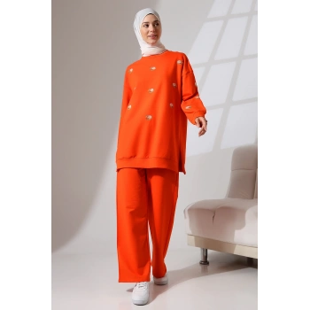 Kadın Turuncu Mevsimlik Penye Alt Üst Spor ve Rahat Tesettür Takım