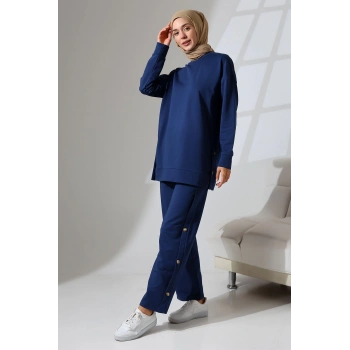 Kadın Lacivert Mevsimlik Penye Alt Üst Spor Ve Rahat Ikili Tunik Pantolon Şık Tesettür Takım