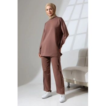 Kadın Kahverengi Mevsimlik Penye Alt Üst Spor Ve Rahat Ikili Tunik Pantolon Şık Tesettür Takım