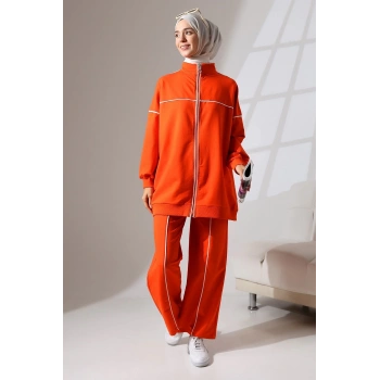Kadın Turuncu Mevsimlik Penye Alt Üst Spor ve Rahat Tesettür Takım