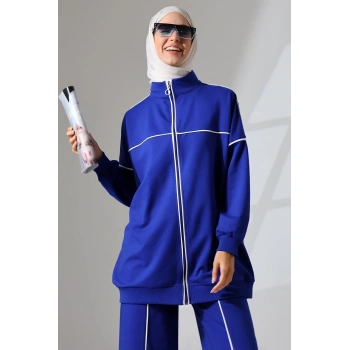 Kadın Saks Mavisi Mevsimlik Penye Alt Üst Spor ve Rahat Tesettür Takım