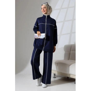 Kadın Lacivert Mevsimlik Penye Alt Üst Spor Ve Rahat Ikili Tunik Pantolon Şık Tesettür Takım