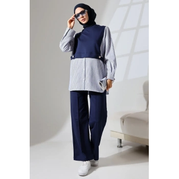 Kadın Lacivert Mevsimlik Penye Alt Üst Spor Ve Rahat Ikili Tunik Pantolon Şık Tesettür Takım