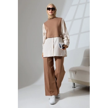 Kadın Kahverengi Mevsimlik Penye Alt Üst Spor Ve Rahat Ikili Tunik Pantolon Şık Tesettür Takım