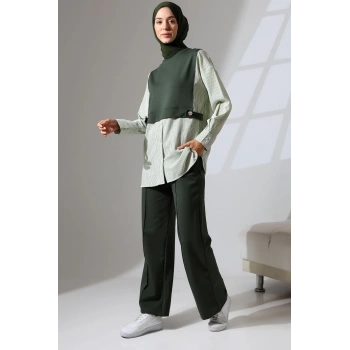 Kadın Haki Yeşili Mevsimlik Penye Alt Üst Spor Ve Rahat Ikili Tunik Pantolon Şık Tesettür Takım