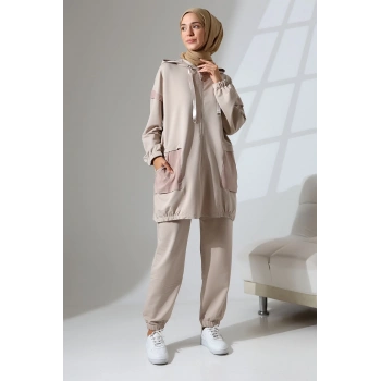 Kadın Taş Rengi Mevsimlik Penye Alt Üst Spor Ve Rahat Ikili Tunik Pantolon Şık Tesettür Takım
