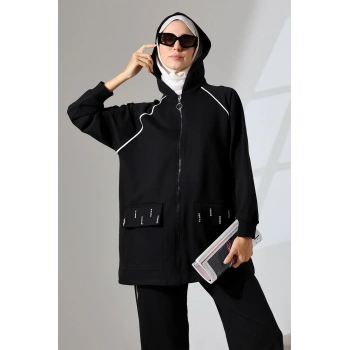 Kadın Siyah Mevsimlik Penye Alt Üst Spor Ve Rahat Ikili Tunik Pantolon Şık Tesettür Takım