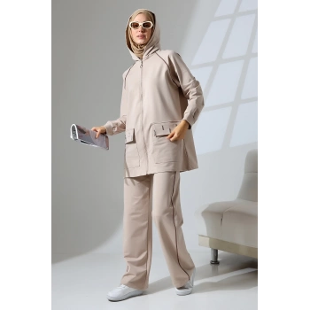 Kadın Taş Rengi Mevsimlik Penye Alt Üst Spor Ve Rahat Ikili Tunik Pantolon Şık Tesettür Takım