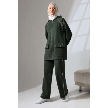 Kadın Haki Yeşili Mevsimlik Penye Alt Üst Spor Ve Rahat Ikili Tunik Pantolon Şık Tesettür Takım