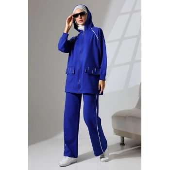 Kadın Saks Mavisi Mevsimlik Penye Alt Üst Spor Ve Rahat Ikili Tunik Pantolon Şık Tesettür Takım