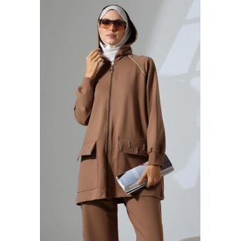 Kadın Kahverengi Mevsimlik Penye Alt Üst Spor Ve Rahat Ikili Tunik Pantolon Şık Tesettür Takım