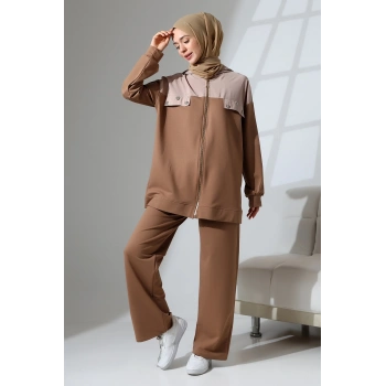 Kadın Kahverengi Mevsimlik Penye Alt Üst Spor ve Rahat Tesettür Takım