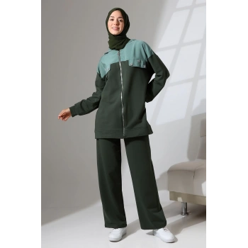 Kadın Haki Yeşili Mevsimlik Penye Alt Üst Spor Ve Rahat Ikili Tunik Pantolon Şık Tesettür Takım