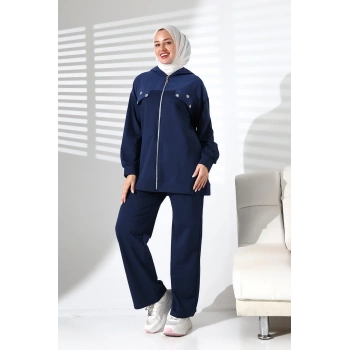 Kadın Mevsimlik Alt ve Üst Rahat Lacivert Spor Tesettür Takım