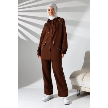 Kadın Mevsimlik Penye Alt Üst Spor Ve Rahat Kahverengi Ikili Tunik Pantolon Şık Tesettür Takım