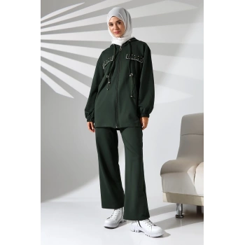 Kadın Mevsimlik Penye Alt Üst Spor Ve Rahat Haki Ikili Tunik Pantolon Şık Tesettür Takım