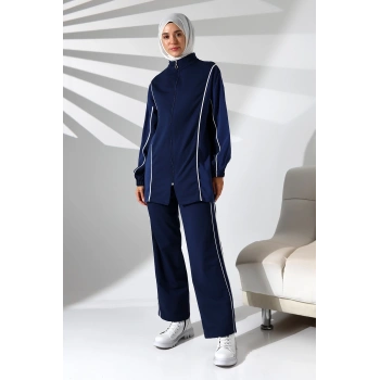 Kadın Mevsimlik Penye Alt Üst Spor Ve Rahat Lacivert Ikili Tunik Pantolon Şık Tesettür Takım
