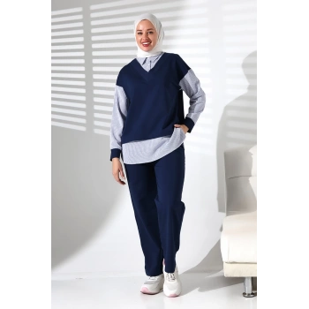 Kadın Mevsimlik Alt ve Üst Rahat Lacivert Spor Tesettür Takım