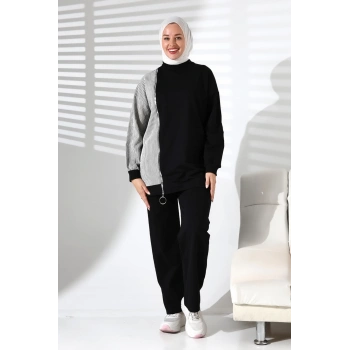 Kadın Mevsimlik Alt ve Üst Rahat Siyah Spor Tesettür Takım