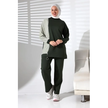 Kadın Mevsimlik Alt Üst Rahat Haki Spor Ikili Tunik Pantolon Şık Tesettür Takım