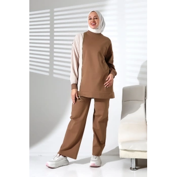 Kadın Mevsimlik Alt Üst Rahat Kahverengi Spor Ikili Tunik Pantolon Şık Tesettür Takım