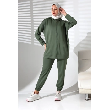 Kadın Mevsimlik Alt Üst Rahat Haki Spor Ikili Tunik Pantolon Şık Tesettür Takım